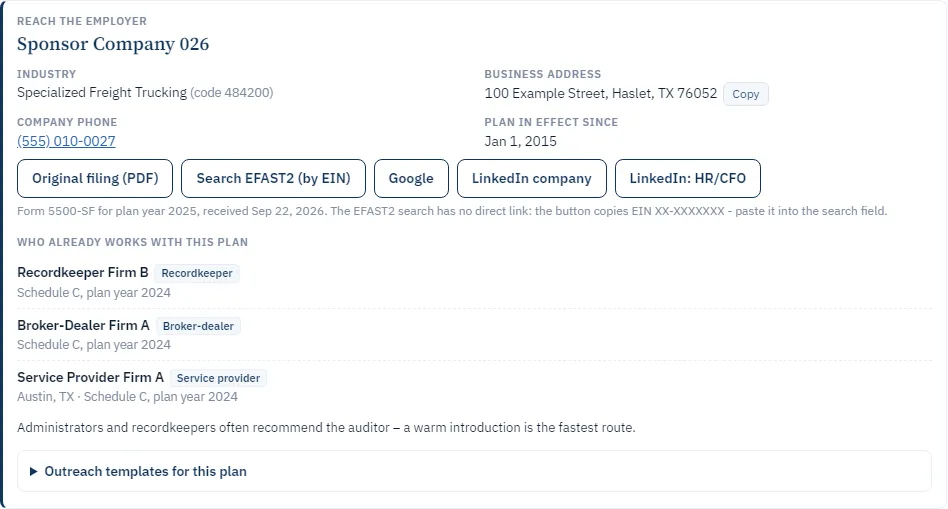 Plan detail block Reach the employer: industry, business address with copy button, company phone, buttons for the original filing PDF, EFAST2, Google and LinkedIn, and the firms that already work with the plan. Names, address and phone replaced by placeholders.