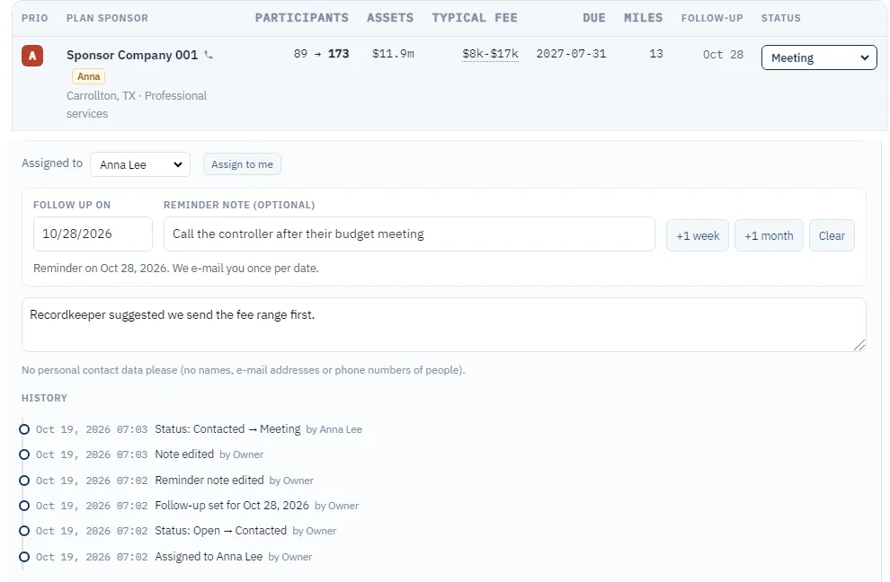 A plan assigned to a team member, with status Meeting, a follow-up date with reminder note, a team note and the history of changes by the owner and by the team member. Company names replaced by placeholders.